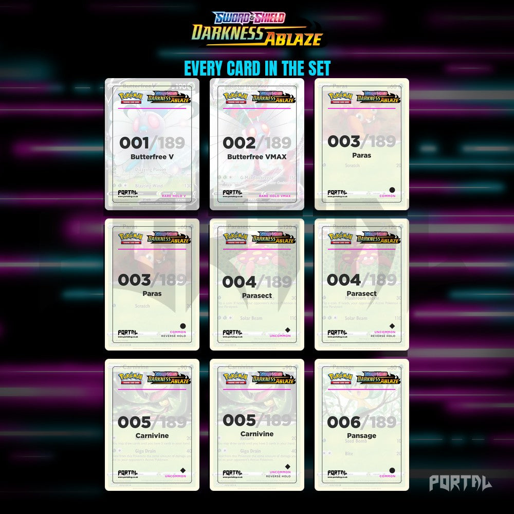 Darkness Ablaze placeholder cards laid out in a nine pocket binder page