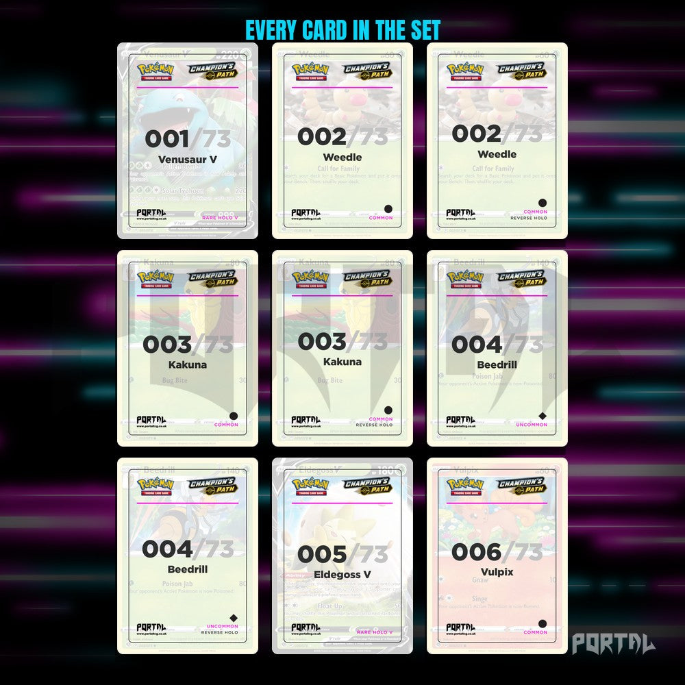 Champion's Path placeholder cards laid out in a nine pocket binder page