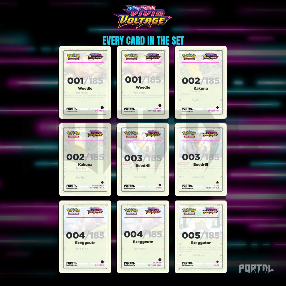 Vivid Voltage placeholder cards laid out in a nine pocket binder page