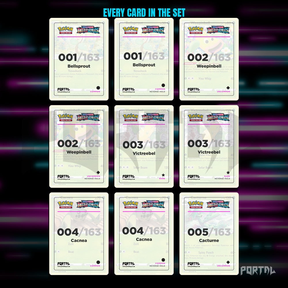 Battle Styles placeholder cards laid out in a nine pocket binder page