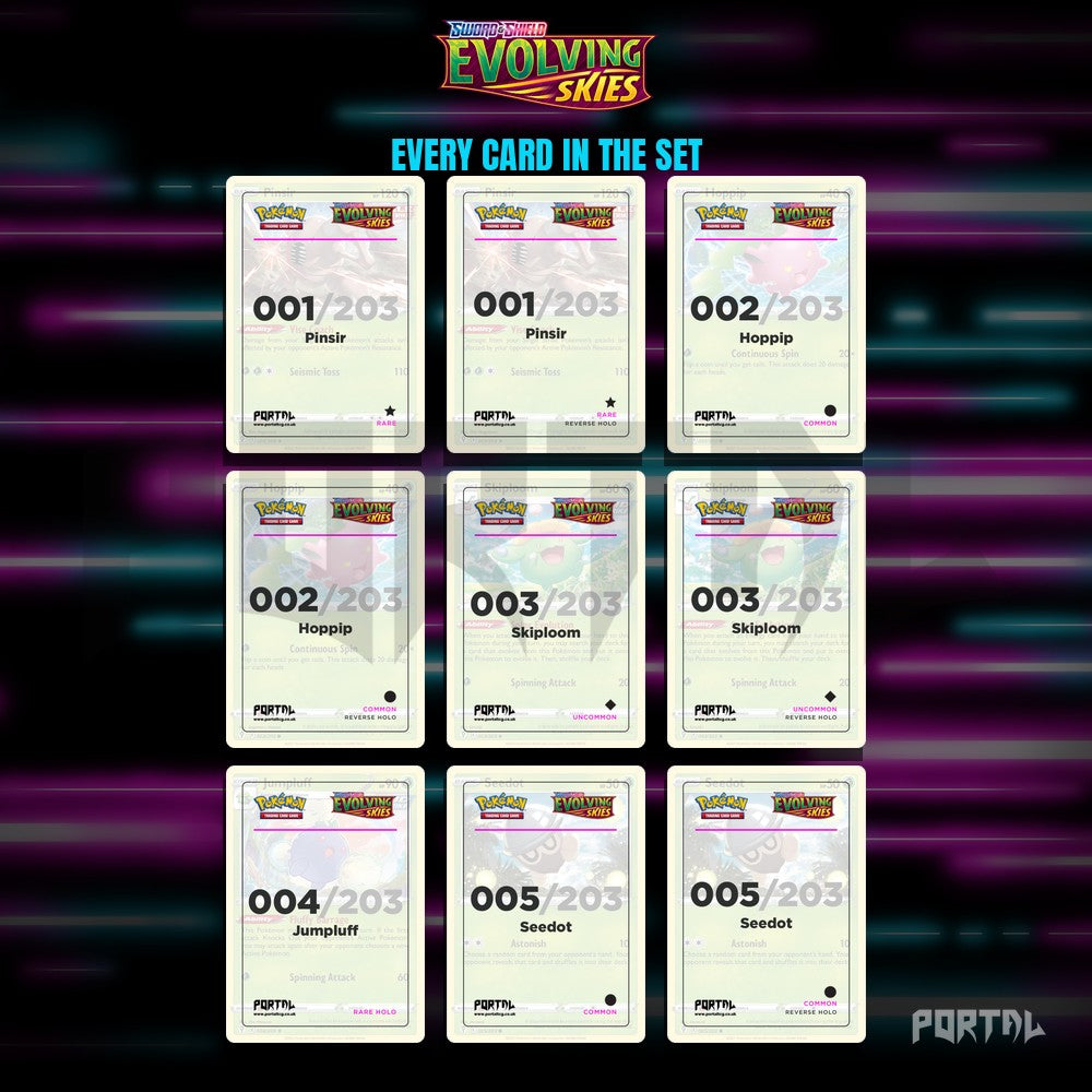 Evolving Skies placeholder cards laid out in a nine pocket binder page