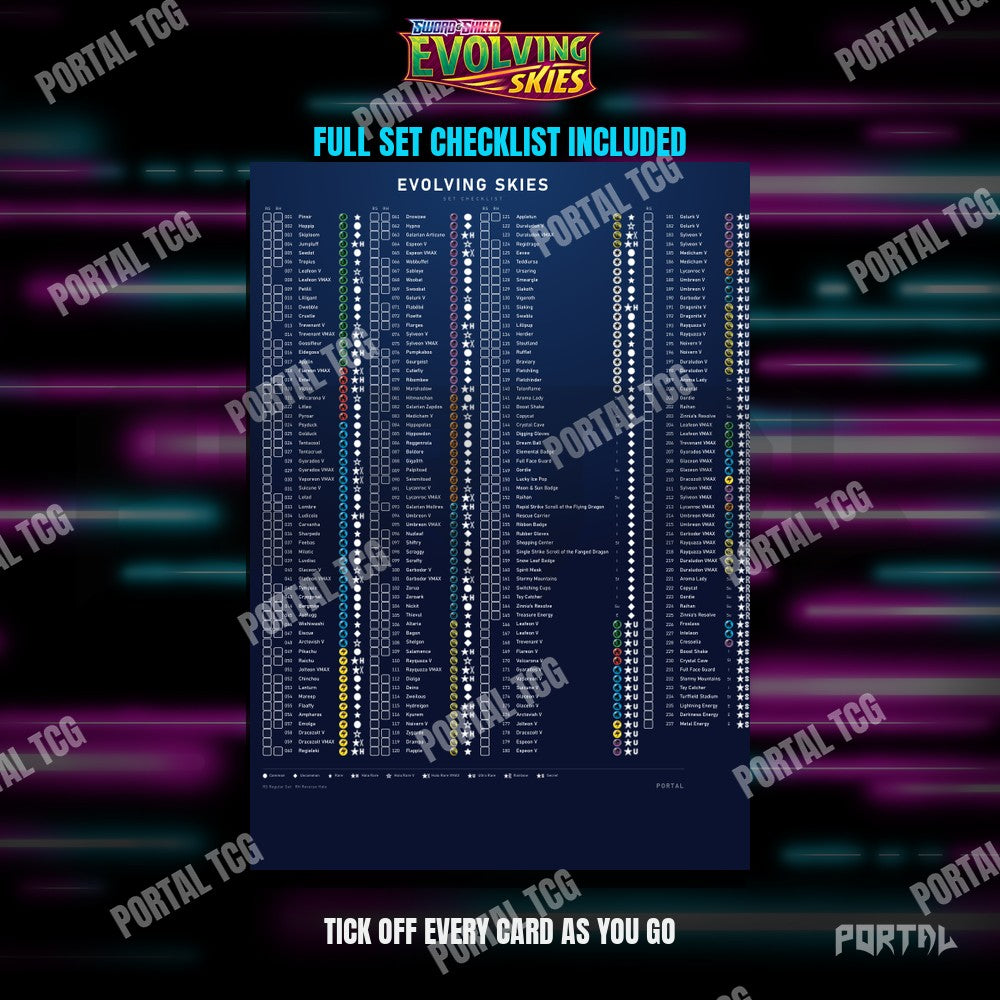 Evolving Skies master set placeholders, checklist included, Portal TCG