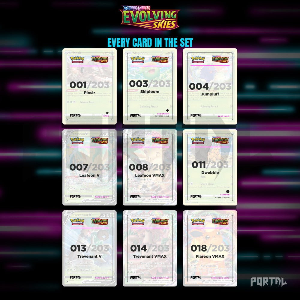 Evolving Skies master set placeholders, binder page, Portal TCG