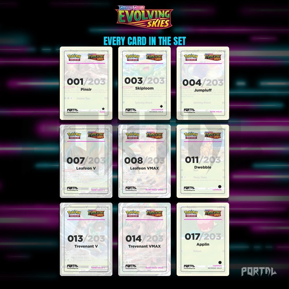Evolving Skies master set placeholders, binder page, Portal TCG