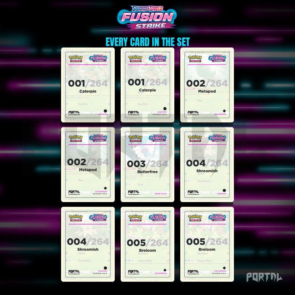 Fusion Strike placeholder cards laid out in a nine pocket binder page