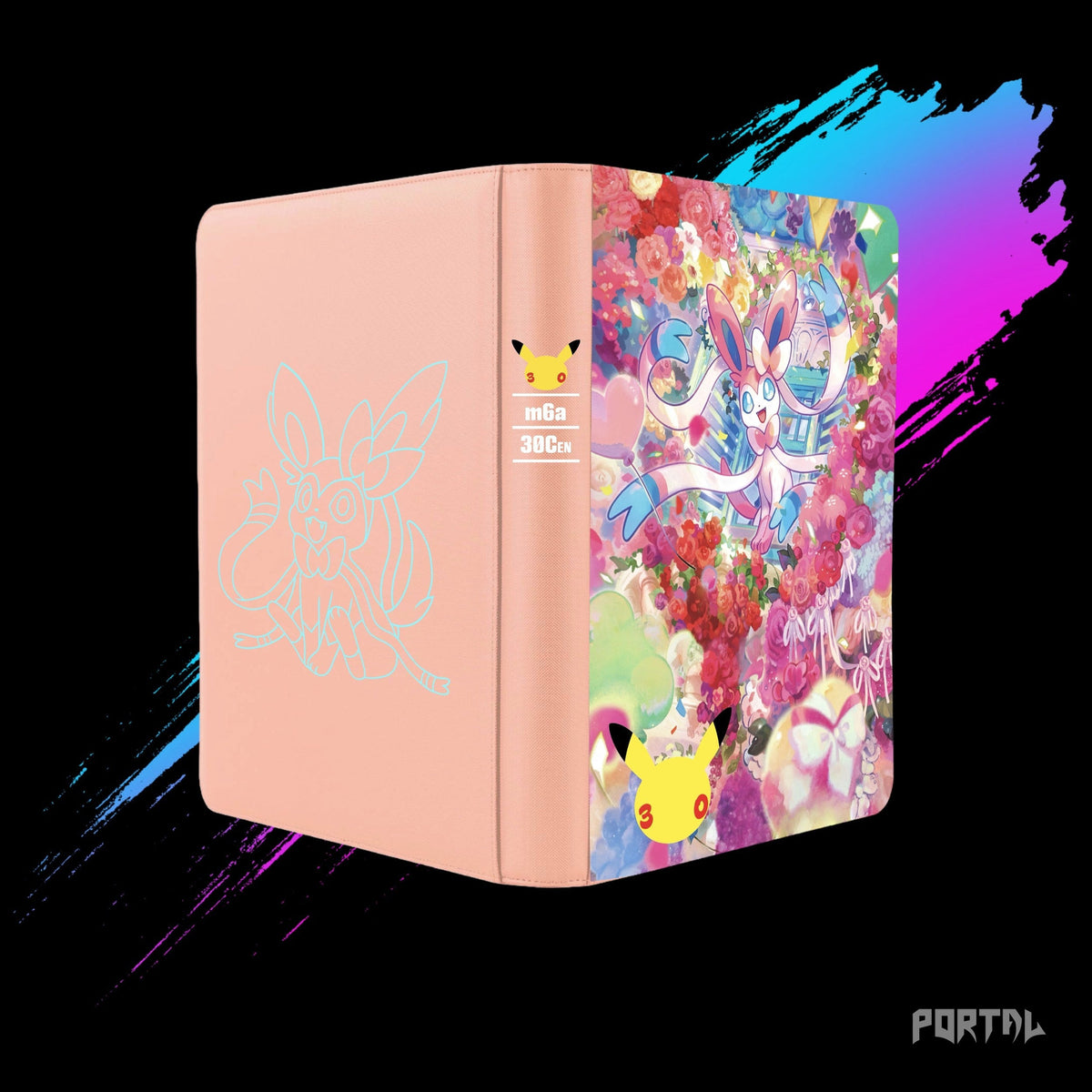 Pokemon Sylveon 30th Anniversary binder, back, spine and front together, spine label and 30th logo, Portal TCG