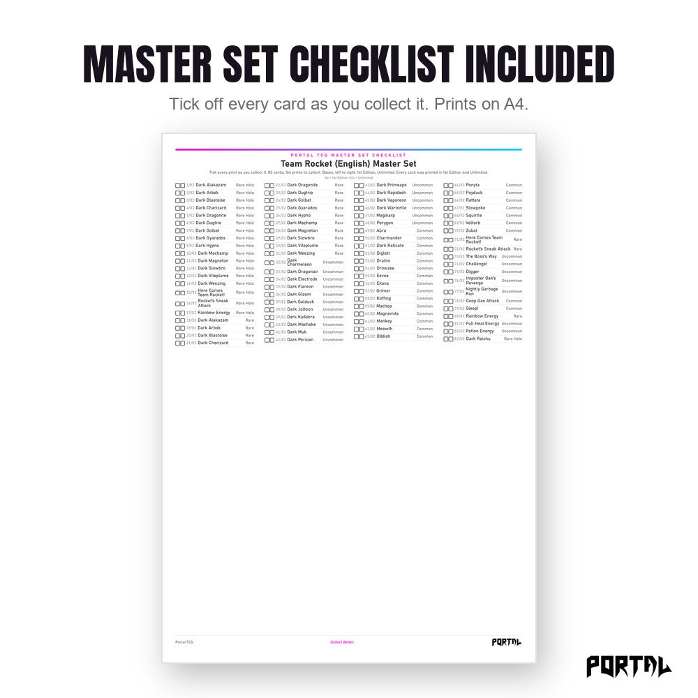 Pokemon Team Rocket master set placeholders, the checklist included in the download, Portal TCG