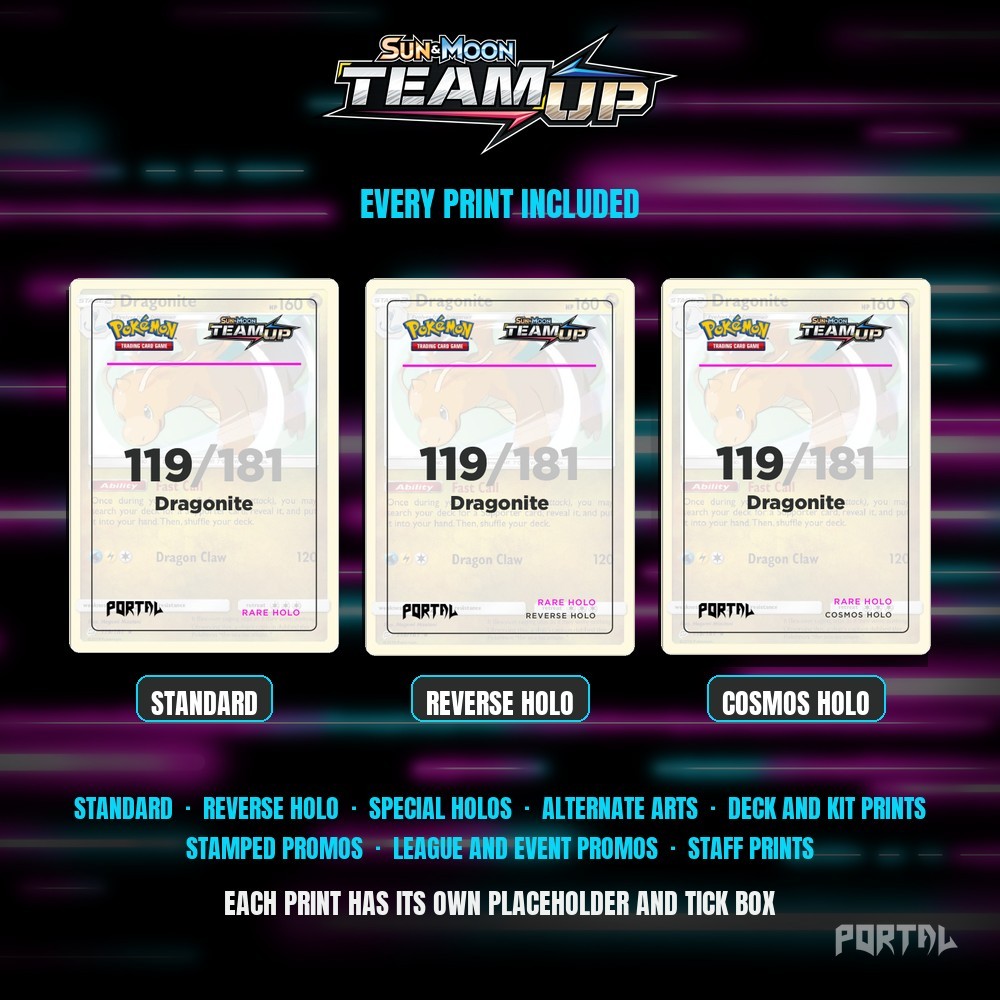 Pokemon Team Up master set placeholders, every print included, Portal TCG