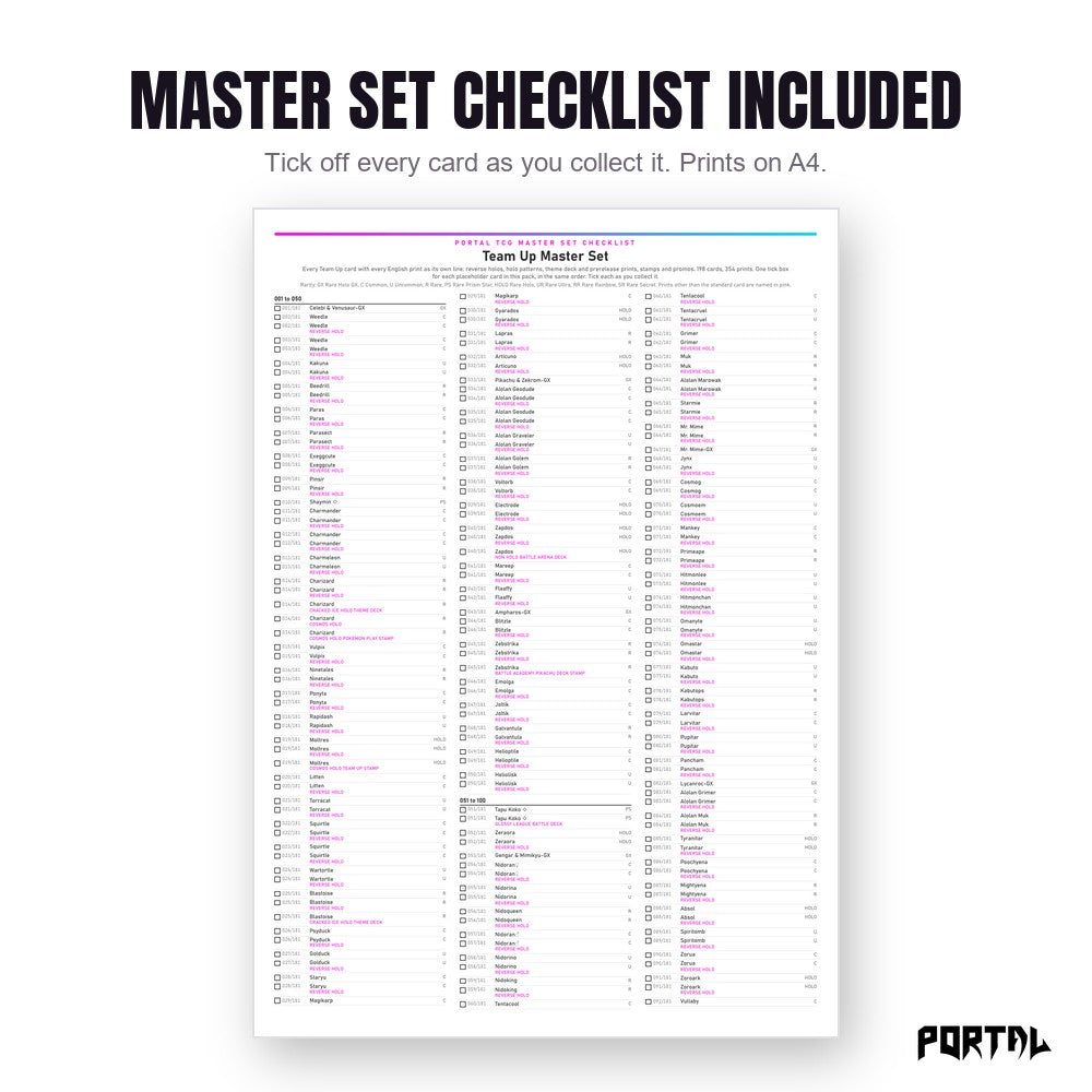 Pokemon Team Up master set placeholders, the checklist included in the download, Portal TCG