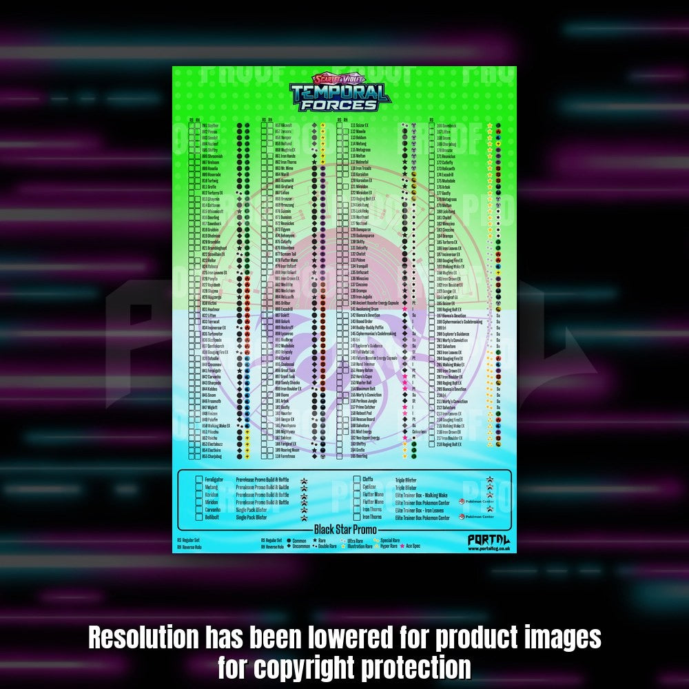 Pokemon Temporal Forces master set checklist kit, checklist sheet, Portal TCG