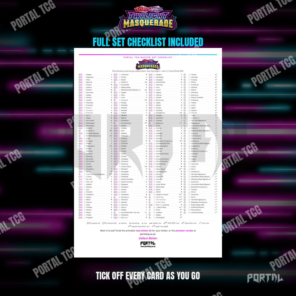 The free Twilight Masquerade master set checklist included with the placeholders