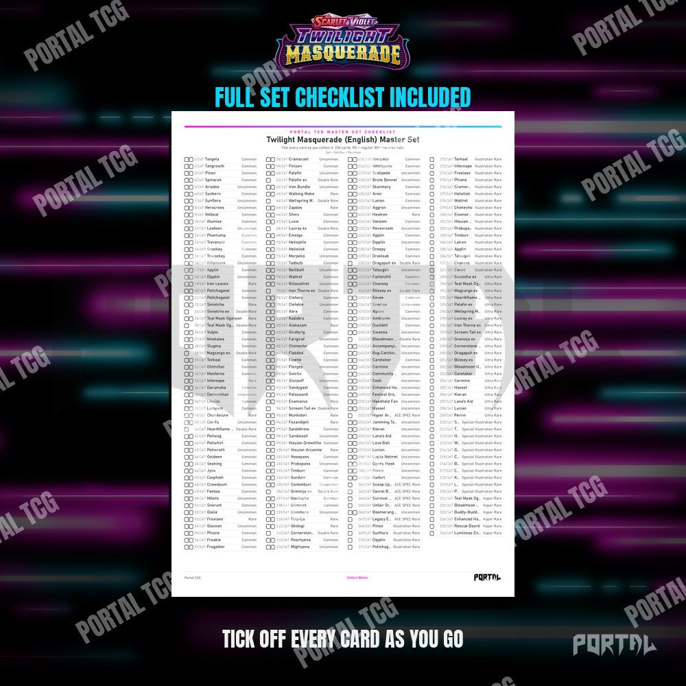 Twilight Masquerade master set placeholders, checklist included, Portal TCG