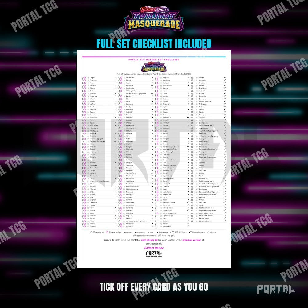 Twilight Masquerade master set placeholders, checklist included, Portal TCG