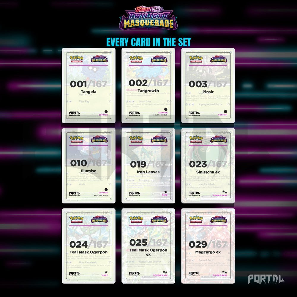 Twilight Masquerade master set placeholders, binder page, Portal TCG