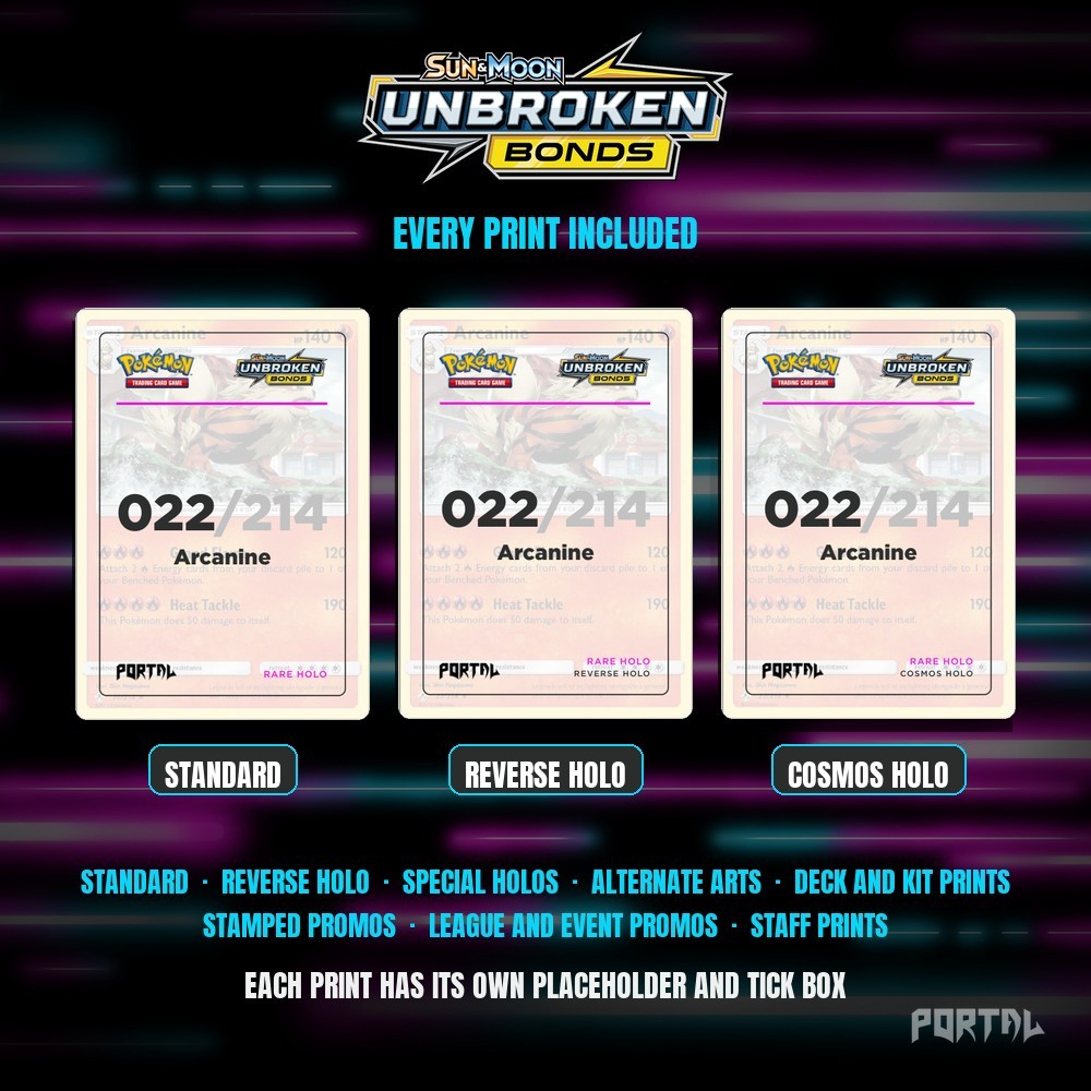 Pokemon Unbroken Bonds master set placeholders, every print included, Portal TCG