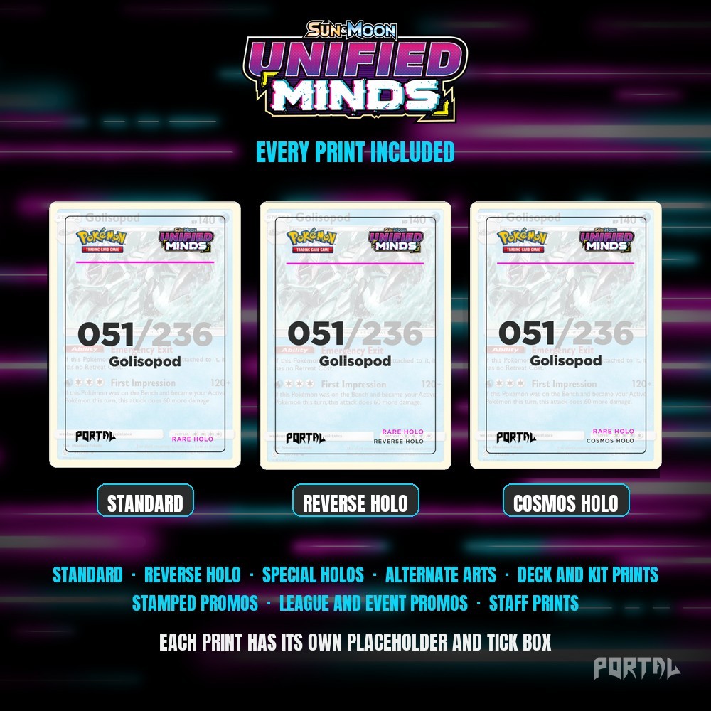 Pokemon Unified Minds master set placeholders, every print included, Portal TCG