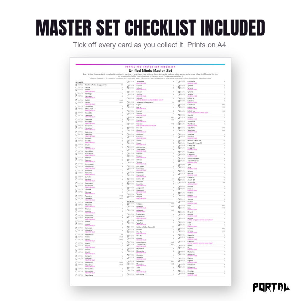 Pokemon Unified Minds master set placeholders, the checklist included in the download, Portal TCG