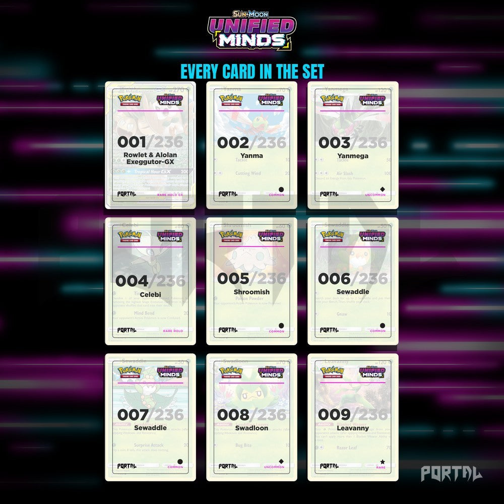 Pokemon Unified Minds master set placeholders, binder page, Portal TCG