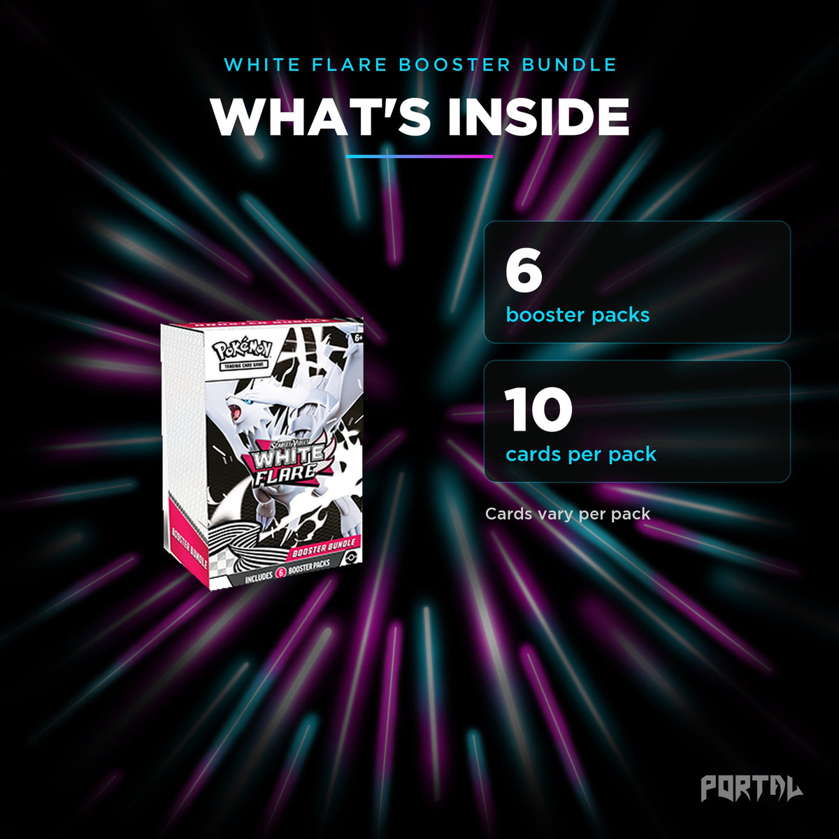 White Flare booster bundle, what's inside: 6 booster packs, 10 cards per pack, Portal TCG