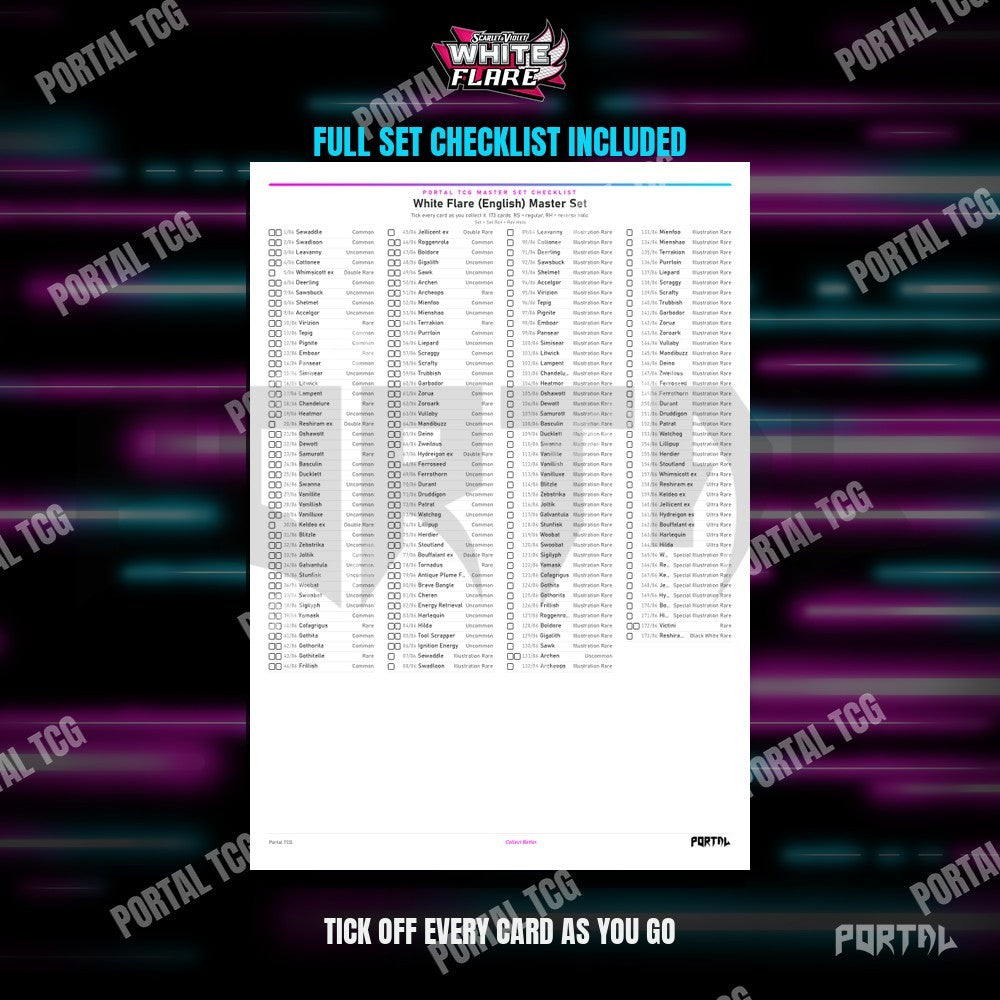 White Flare master set placeholders, checklist included, Portal TCG