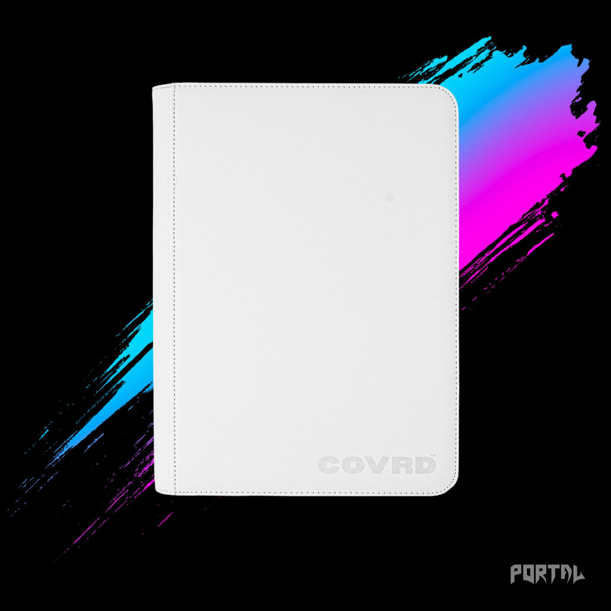 COVRD white premium 9 pocket zip binder, front, Portal TCG